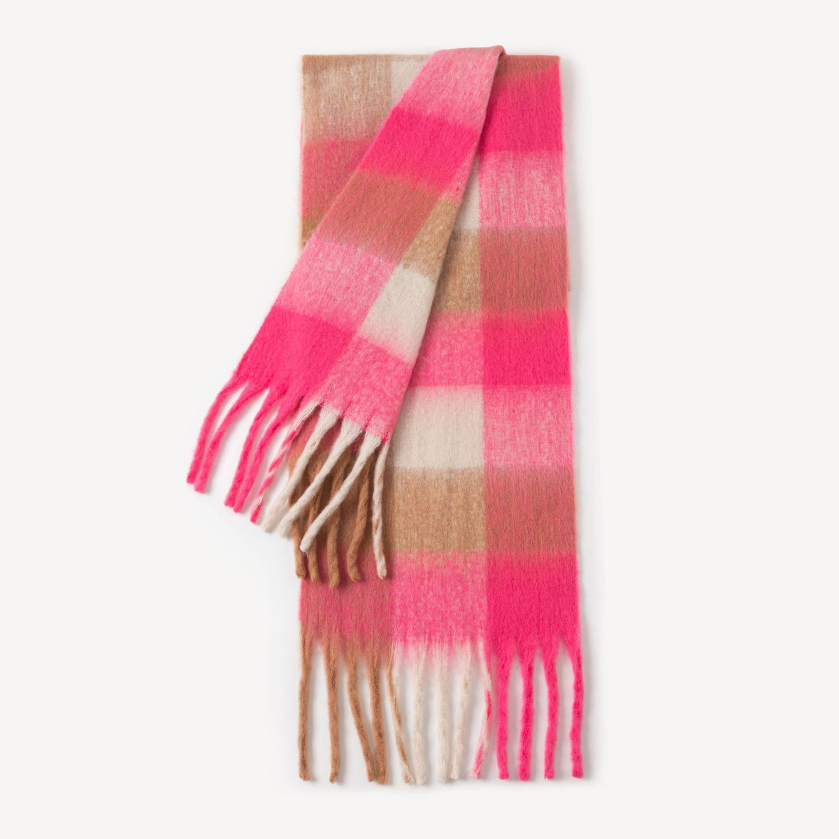 Pink Check Sjaal met roze, crème en bruine ruiten en franjes