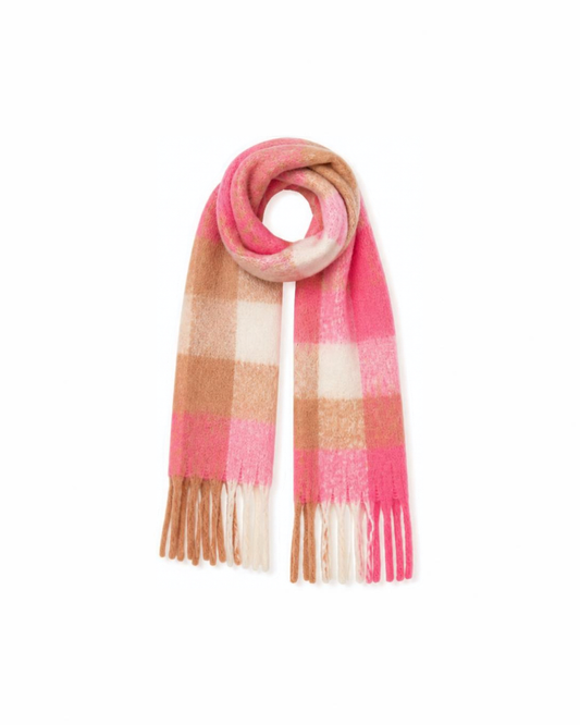 Pink Caramel Sjaal in roze, crème en carameltinten met franjes