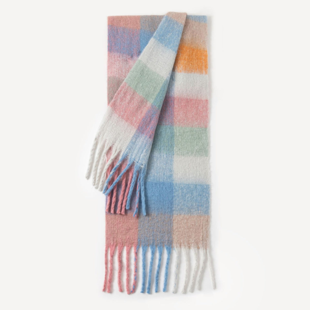 Pastel geruite sjaal in roze, lichtblauw, mint en crème met franjes
