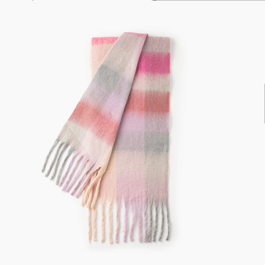 Cotton Candy Sjaal in zachtroze, lila, lichtgrijs en crème met franjes